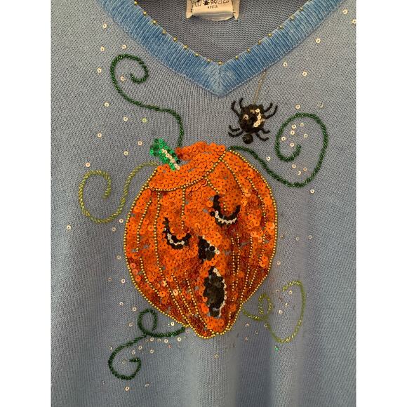 Vintage Halloween Sequin Jack O Lantern Pumpkin Coastal Grandma Sweater - Picture 8 of 13